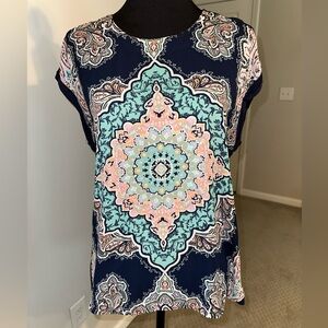 DR2 Blue and Pink Graphic Cap Sleeve Blouse